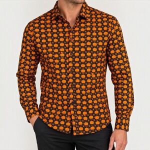 Tom Baine Halloween Pumpkin Shirt Mens M Black Orange Slim Fit NWT